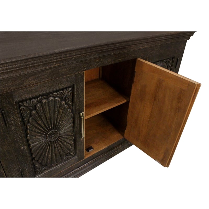 Athena 4-Door Sideboard in Antique Black with Traditional Carving on Solid Wood