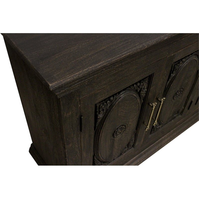 Athena 4-Door Sideboard in Antique Black with Traditional Carving on Solid Wood