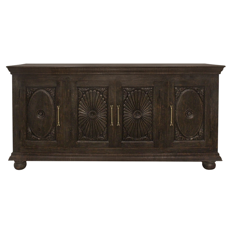 Athena 4-Door Sideboard in Antique Black with Traditional Carving on Solid Wood
