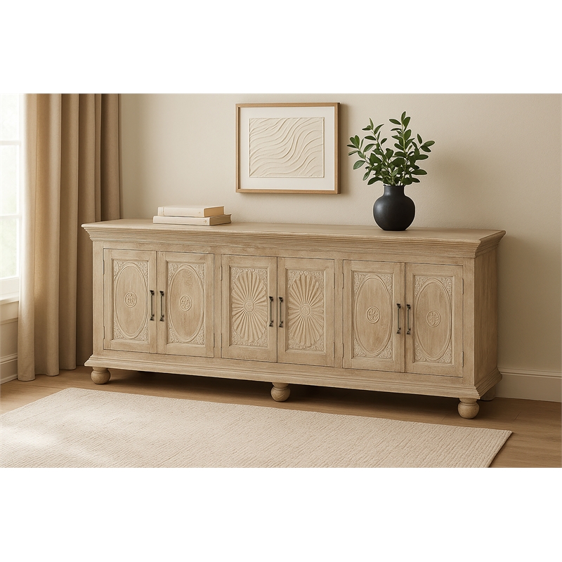 Athena 6-Door Sideboard in Distressed White Traditional Carving on Solid Wood
