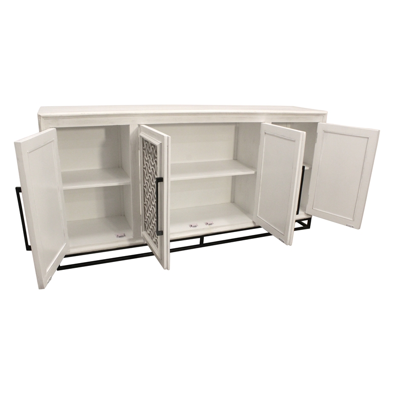 Juno 4-Door Sideboard in Distressed White with Traditional Carving on Solid Wood