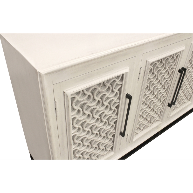 Juno 4-Door Sideboard in Distressed White with Traditional Carving on Solid Wood