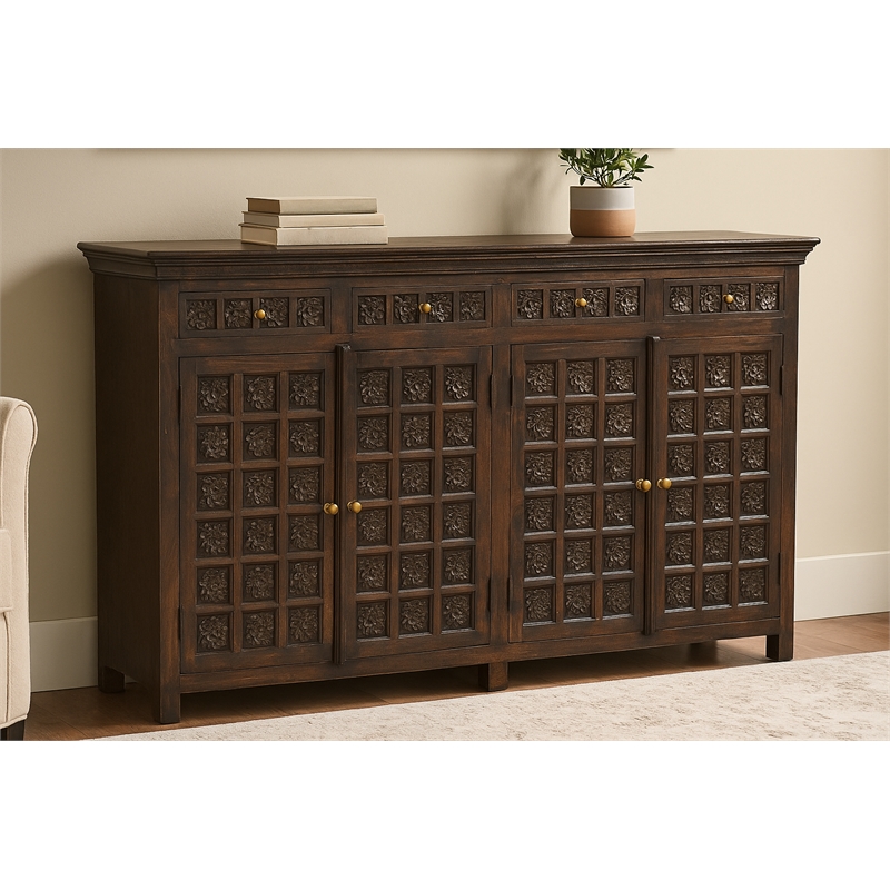 Anisa 4-Door 4-Drawer Sideboard in Traditional Antique Black on Solid Wood
