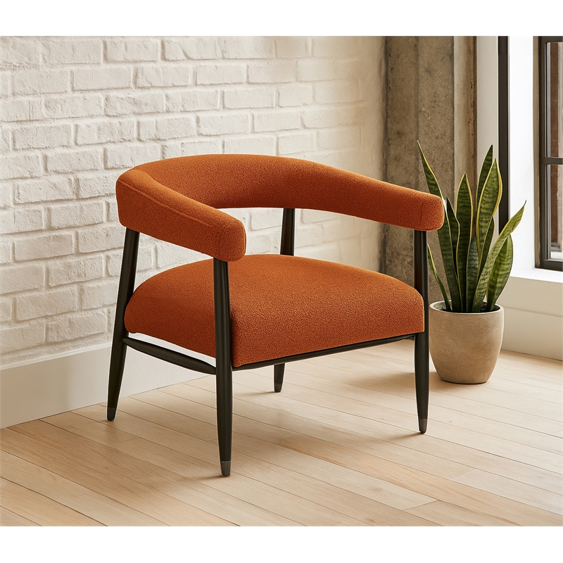 Quinn Arm Chair in Rust Boucle Fabric with Mid-century Space Black Wood Frame