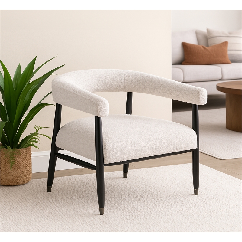 Quinn Arm Chair in Ivory Boucle Fabric with Mid-century Space Black Wood Frame