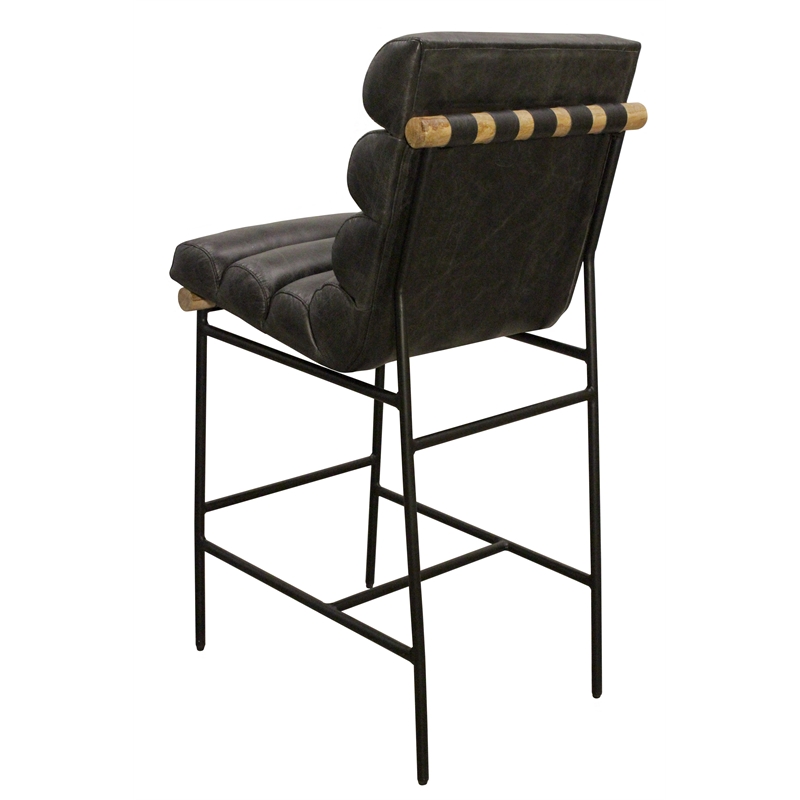 Layla Bar Height Stool in Modern Antique Black Authentic Leather on Metal Frame