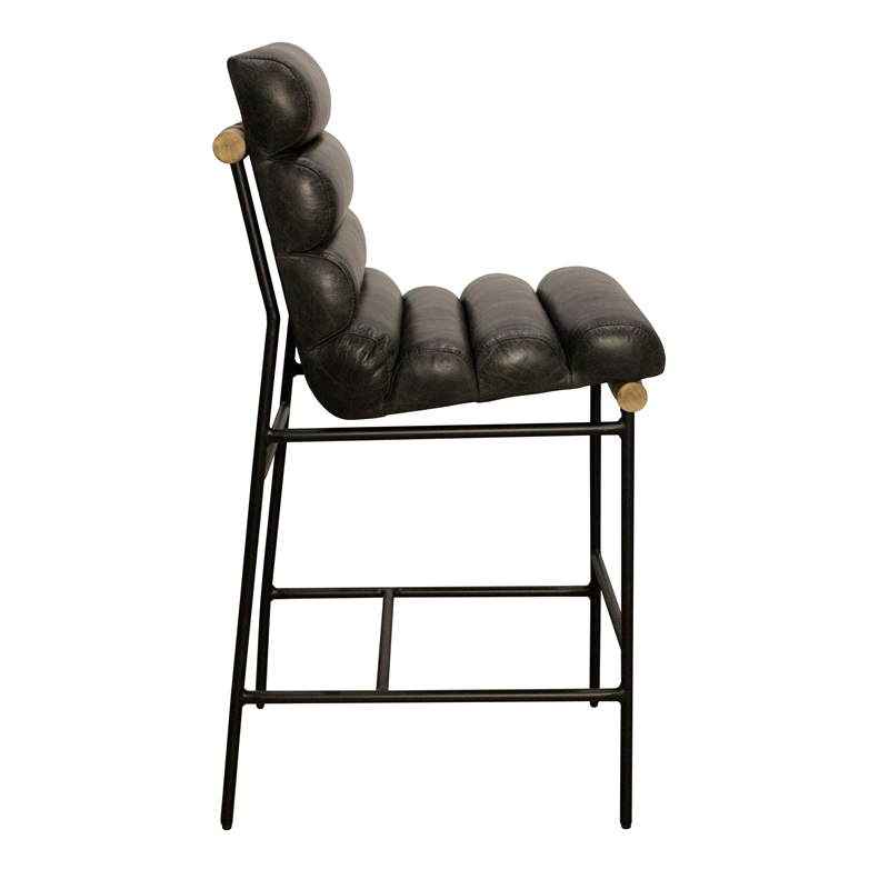 Layla Bar Height Stool in Modern Antique Black Authentic Leather on Metal Frame