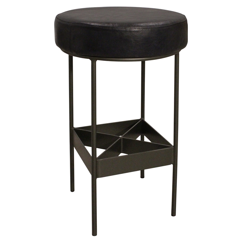 Emmett Bar Height Stool in Modern Antique Black Authentic Leather on Metal Frame