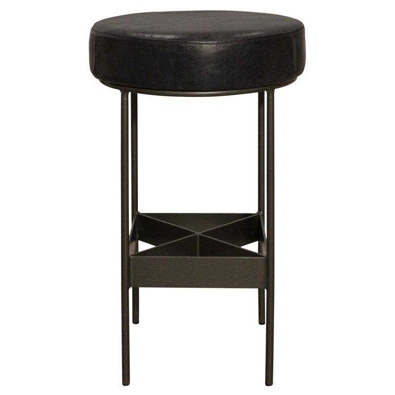 Emmett Bar Height Stool in Modern Antique Black Authentic Leather on Metal Frame