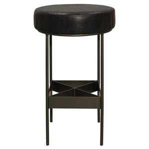 Emmett Bar Height Stool in Modern Antique Black Authentic Leather on Metal Frame