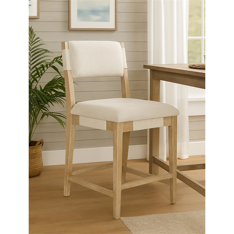 Clara Counter Height Stool in Contemporary Beige Linen Fabric on Solid Wood