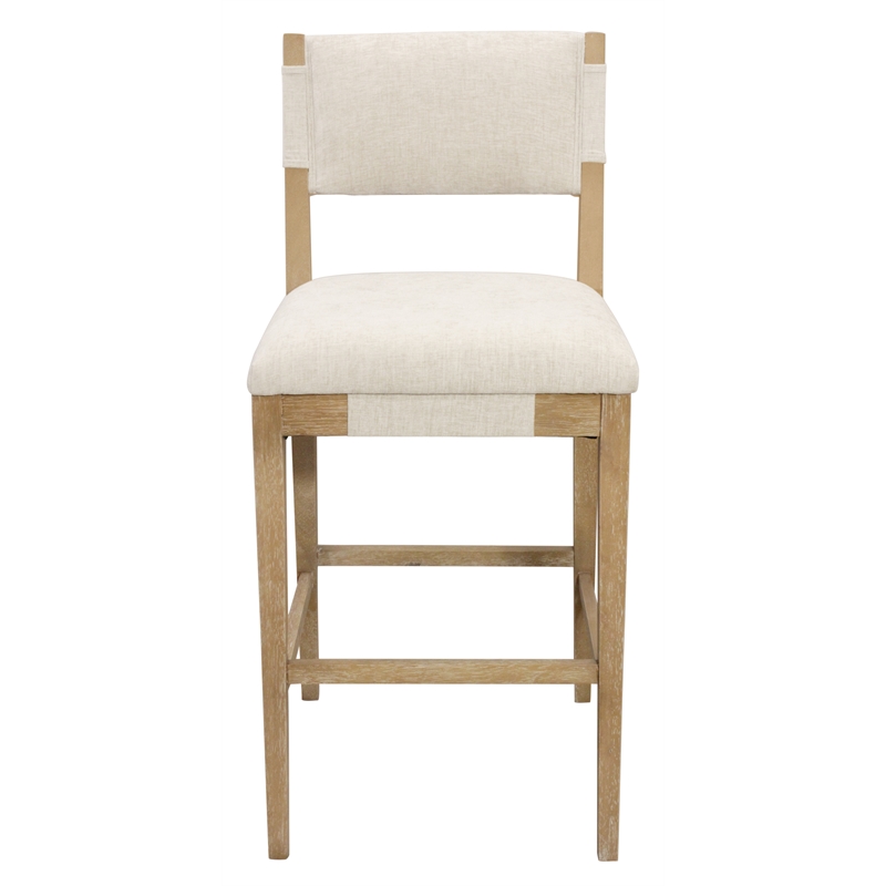 Clara Bar Height Stool in Contemporary Beige Linen Fabric on Solid Wood