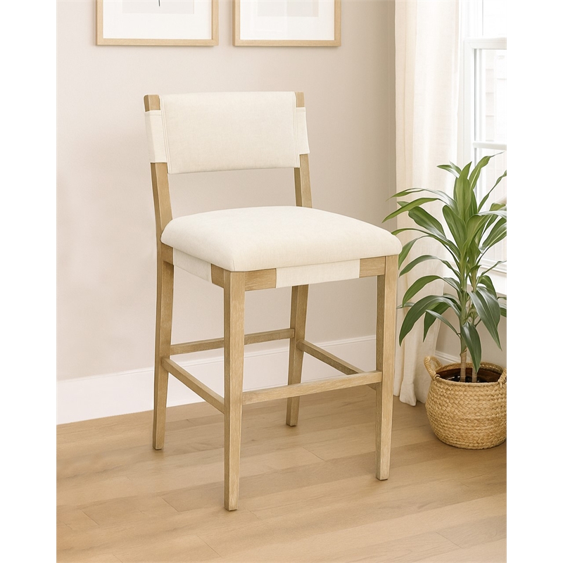Clara Bar Height Stool in Contemporary Beige Linen Fabric on Solid Wood