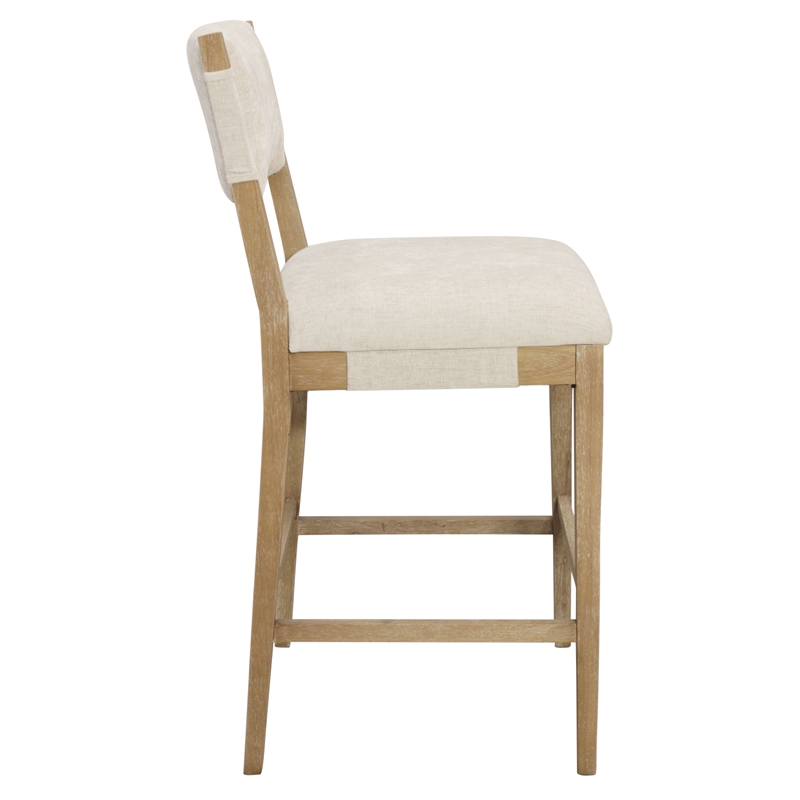 Clara Bar Height Stool in Contemporary Beige Linen Fabric on Solid Wood
