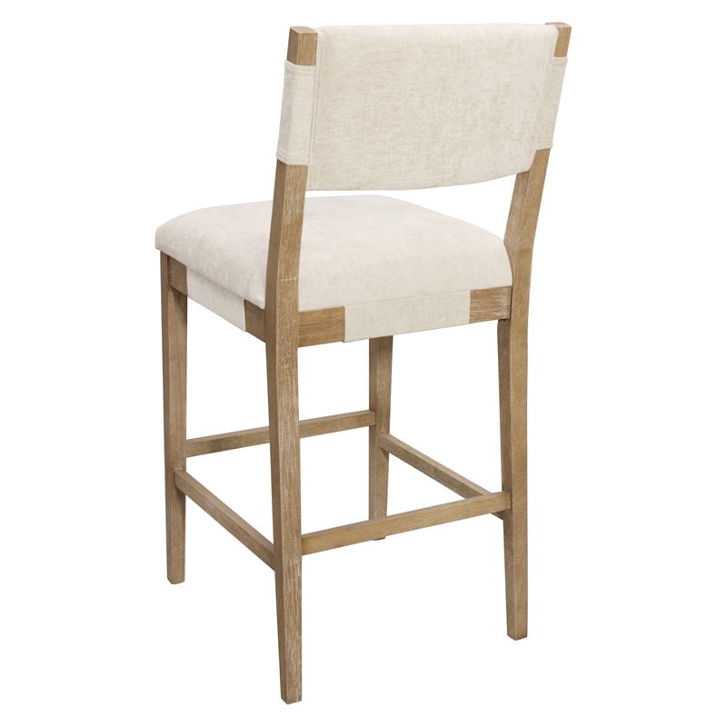 Clara Bar Height Stool in Contemporary Beige Linen Fabric on Solid Wood