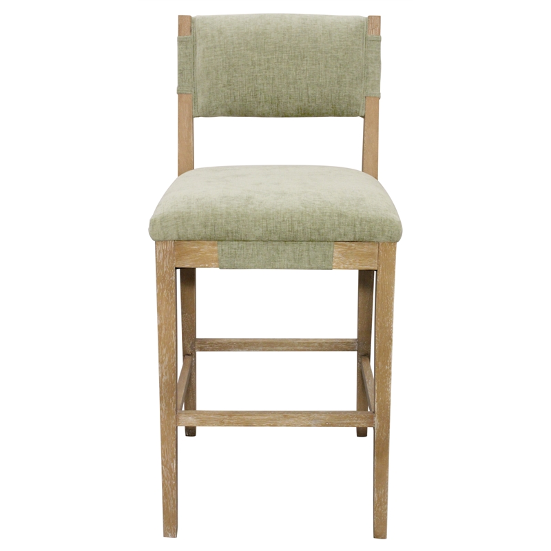 Clara Bar Height Stool in Contemporary Leaf Green Linen Fabric on Solid Wood