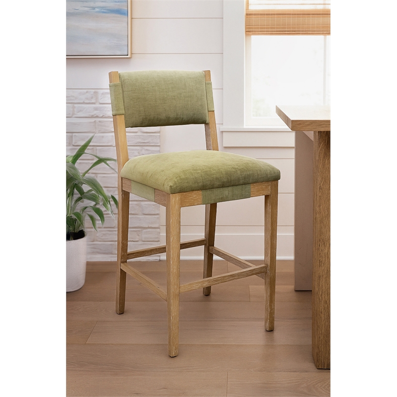 Clara Bar Height Stool in Contemporary Leaf Green Linen Fabric on Solid Wood