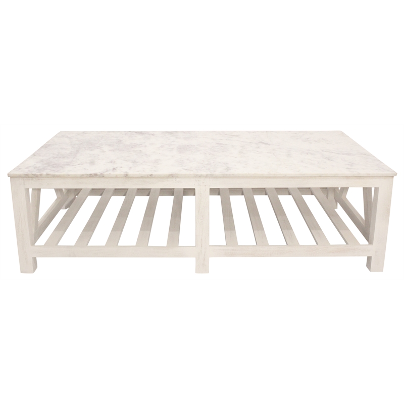 Bellamy White Marble Cocktail Table in Farmhouse Sur Tone on Solid Wood Base