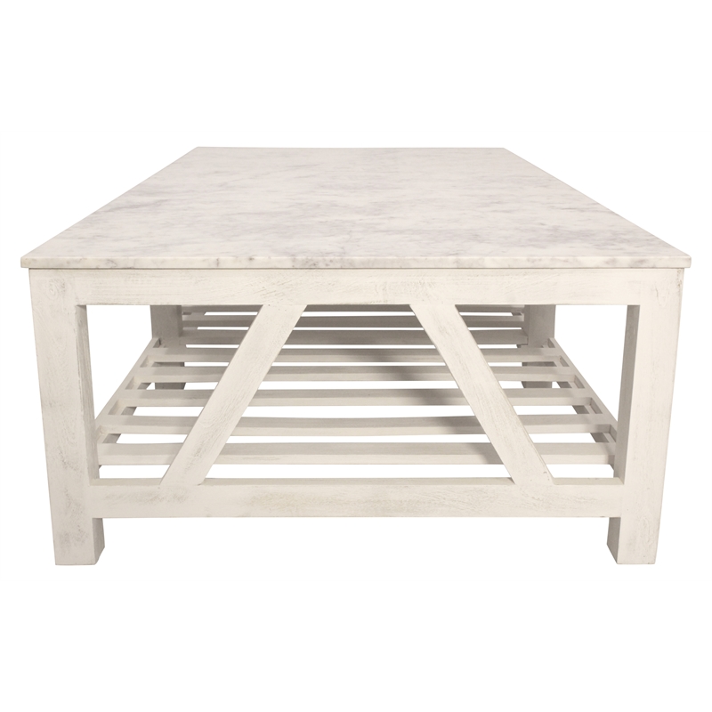 Bellamy White Marble Cocktail Table in Farmhouse Sur Tone on Solid Wood Base