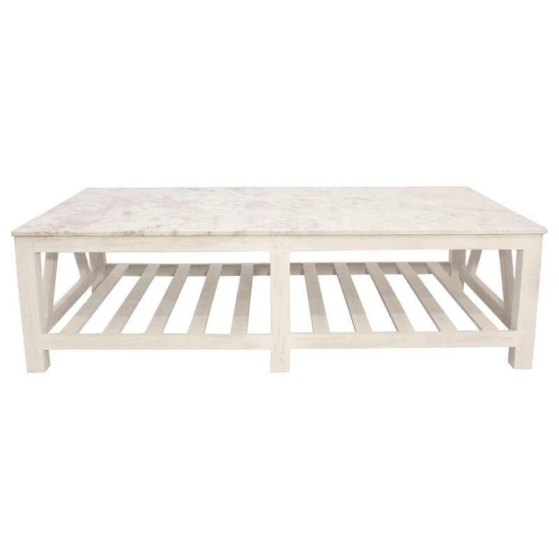 Bellamy White Marble Cocktail Table in Farmhouse Sur Tone on Solid Wood Base