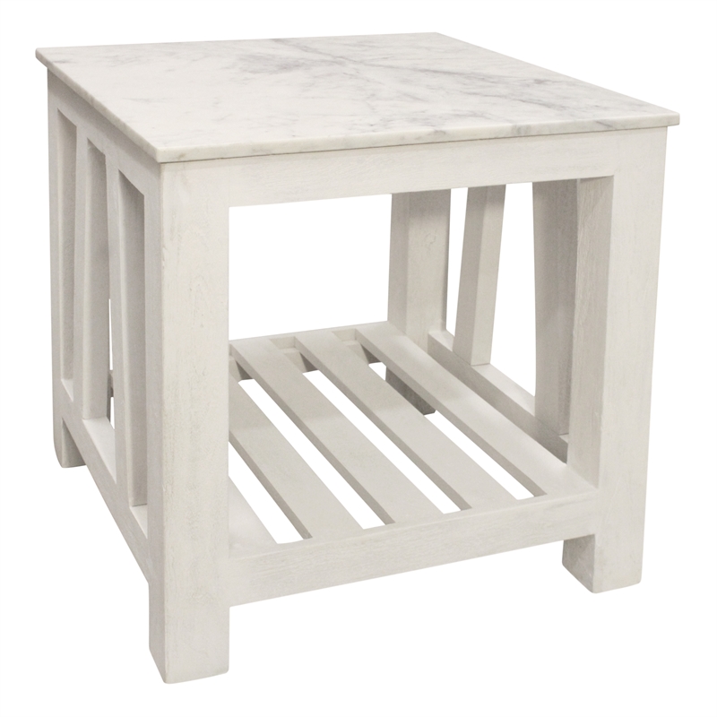 Bellamy White Marble End Table in Farmhouse Sur Tone on Solid Wood Base