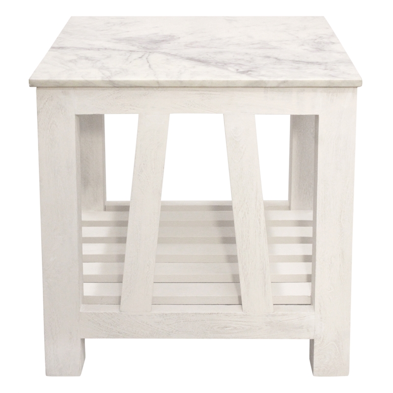 Bellamy White Marble End Table in Farmhouse Sur Tone on Solid Wood Base