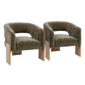 Tess Accent Chair 2-Piece Set in Modern Garden Green Ribbed Linen on Solid Wood