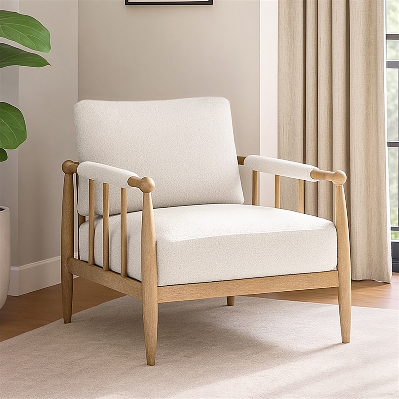 Venus Lounge Chair in Mid-Century Ivory Boucle Fabric on Natural Solid Wood