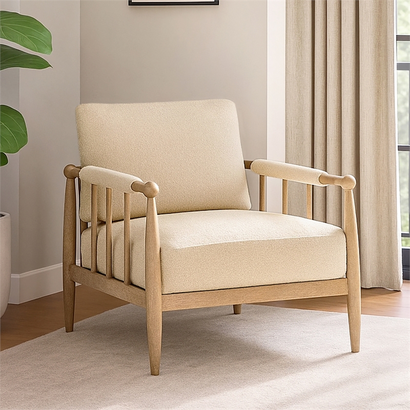 Venus Lounge Chair in Mid-Century Beige Boucle Fabric on Natural Solid Wood