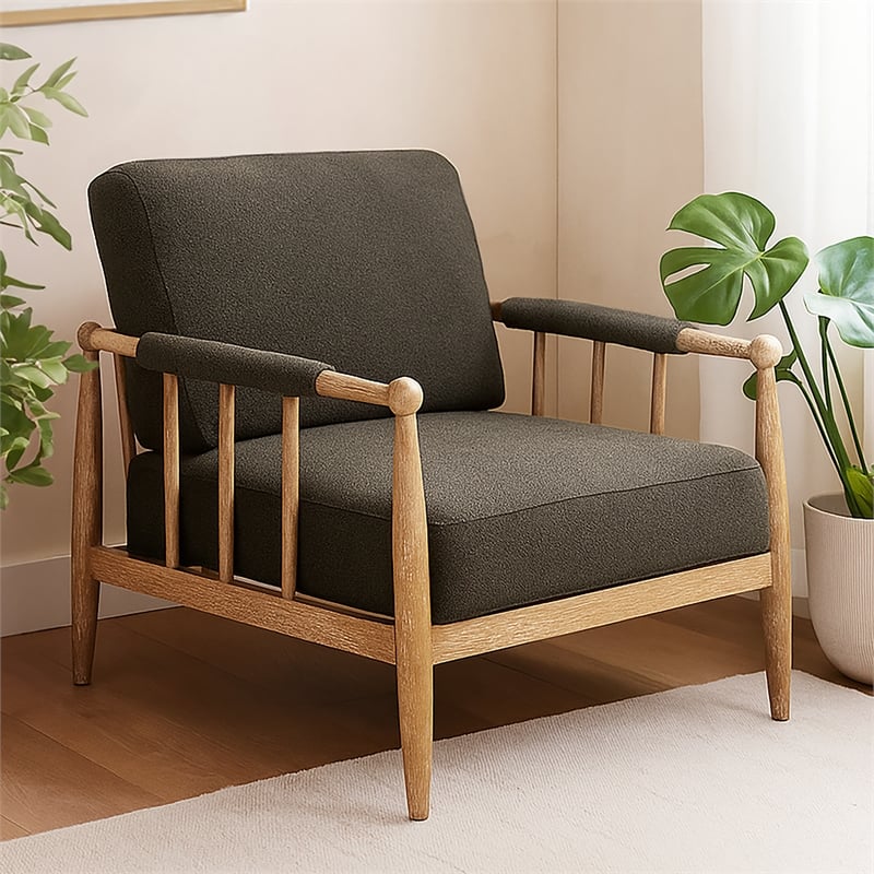 Venus Lounge Chair in Mid-Century Dark Gray Boucle Linen Fabric on Natural Wood