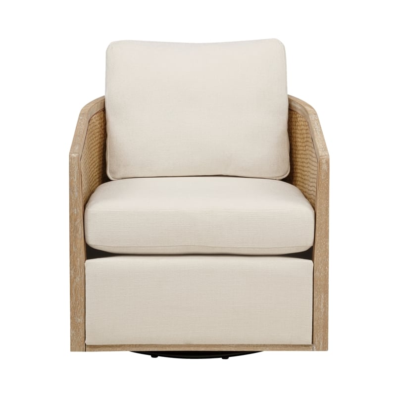 Keegan Rattan Swivel Chair in Ivory Linen Fabric with Coastal Solid Wood Trim