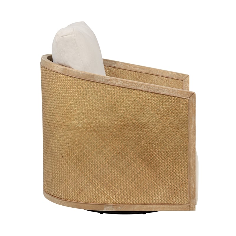 Keegan Rattan Swivel Chair in Ivory Linen Fabric with Coastal Solid Wood Trim