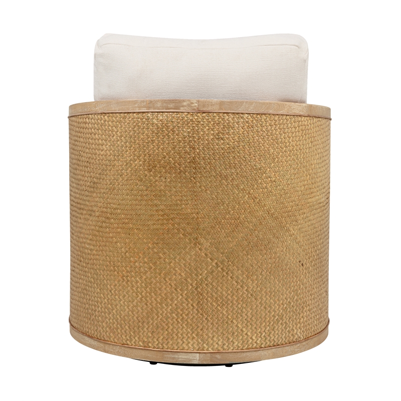 Keegan Rattan Swivel Chair in Ivory Linen Fabric with Coastal Solid Wood Trim