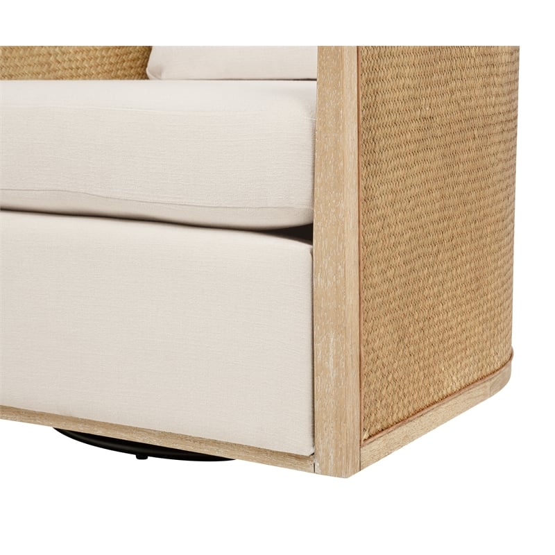 Keegan Rattan Swivel Chair in Ivory Linen Fabric with Coastal Solid Wood Trim