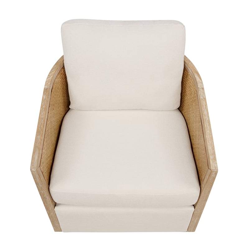 Keegan Rattan Swivel Chair in Ivory Linen Fabric with Coastal Solid Wood Trim