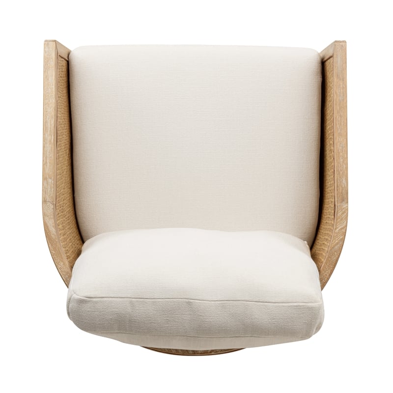 Keegan Rattan Swivel Chair in Ivory Linen Fabric with Coastal Solid Wood Trim