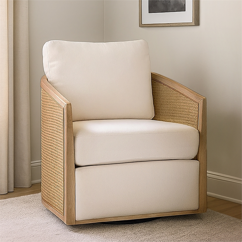Keegan Rattan Swivel Chair in Ivory Linen Fabric with Coastal Solid Wood Trim