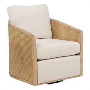 Keegan Rattan Swivel Chair in Ivory Linen Fabric with Coastal Solid Wood Trim