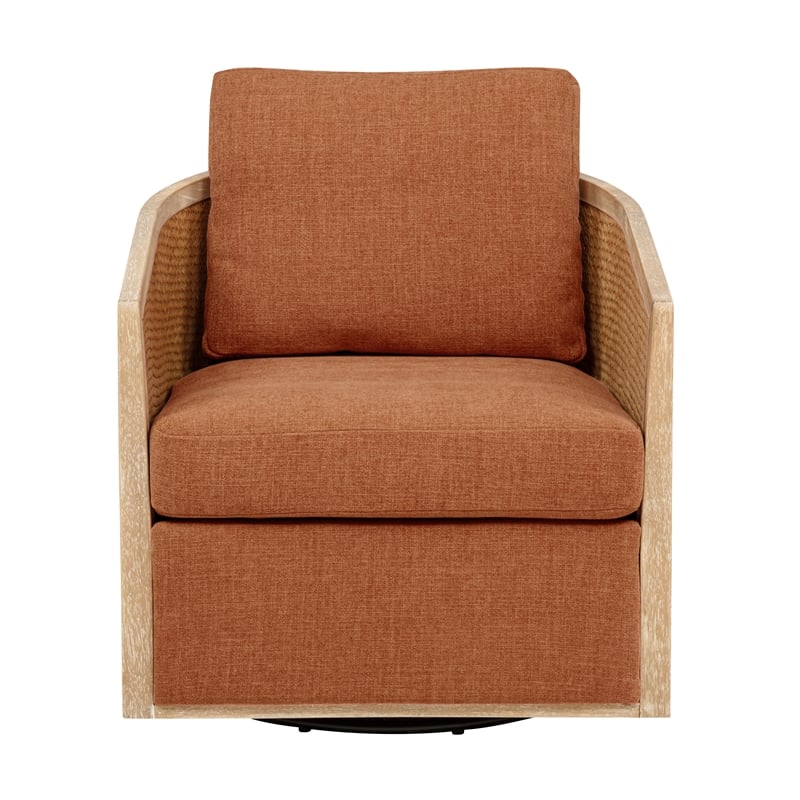 Keegan Rattan Swivel Chair in Terracotta Linen Fabric with Coastal Wood Trim
