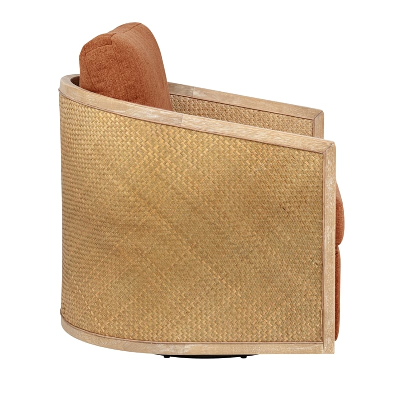 Keegan Rattan Swivel Chair in Terracotta Linen Fabric with Coastal Wood Trim