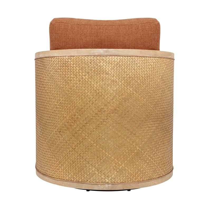 Keegan Rattan Swivel Chair in Terracotta Linen Fabric with Coastal Wood Trim