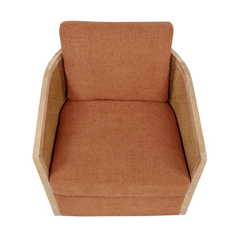 Keegan Rattan Swivel Chair in Terracotta Linen Fabric with Coastal Wood Trim