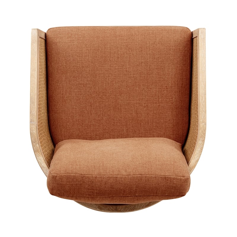 Keegan Rattan Swivel Chair in Terracotta Linen Fabric with Coastal Wood Trim