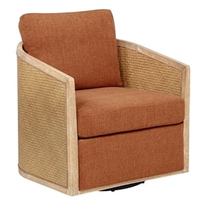 Keegan Rattan Swivel Chair in Terracotta Linen Fabric with Coastal Wood Trim
