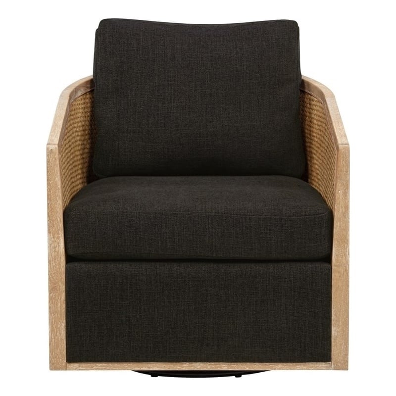 Keegan Rattan Swivel Chair in Ebony Linen Fabric with Coastal Solid Wood Trim