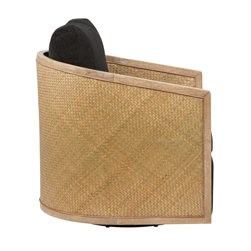 Keegan Rattan Swivel Chair in Ebony Linen Fabric with Coastal Solid Wood Trim