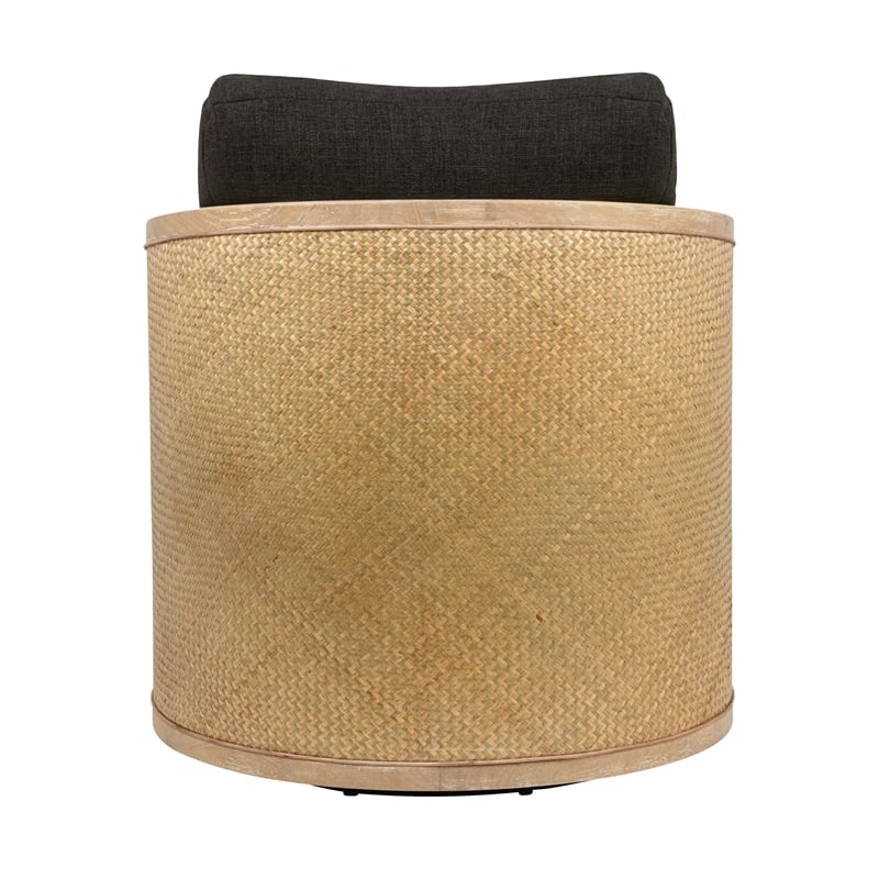 Keegan Rattan Swivel Chair in Ebony Linen Fabric with Coastal Solid Wood Trim