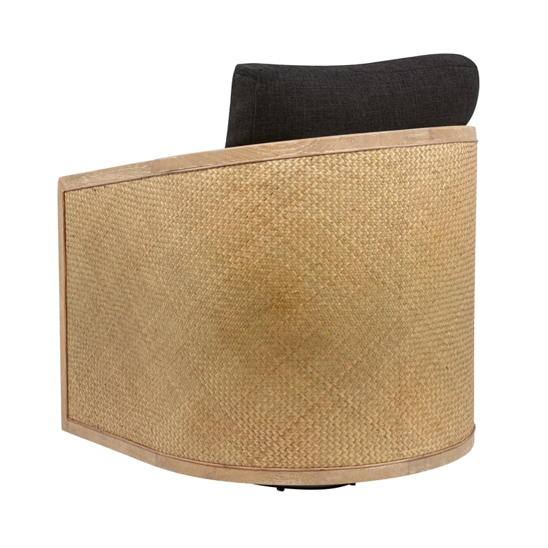 Keegan Rattan Swivel Chair in Ebony Linen Fabric with Coastal Solid Wood Trim