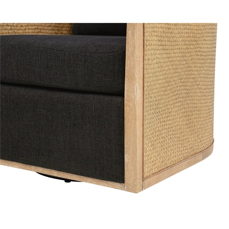 Keegan Rattan Swivel Chair in Ebony Linen Fabric with Coastal Solid Wood Trim