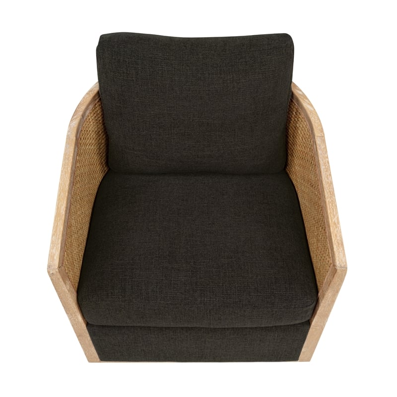 Keegan Rattan Swivel Chair in Ebony Linen Fabric with Coastal Solid Wood Trim